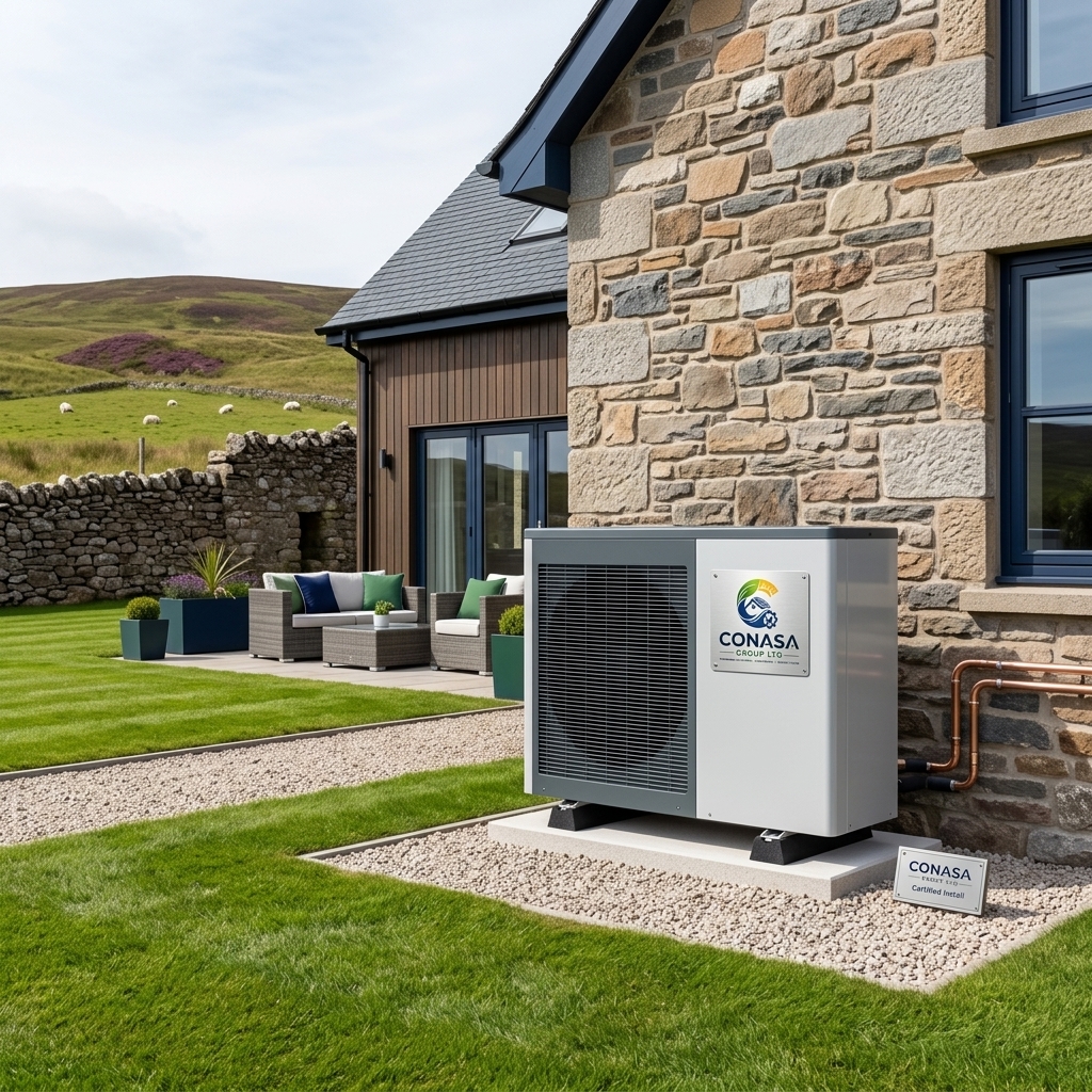 Solar panels and heat pump installation on a Scottish property